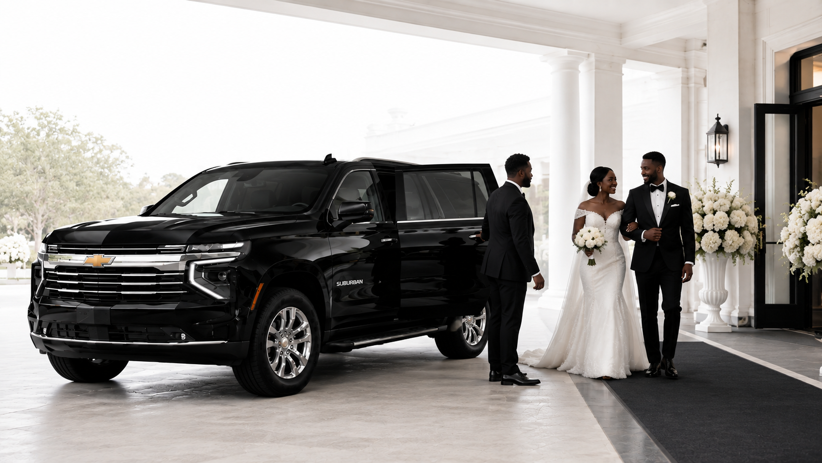 Chauffeur greeting a traveler beside a black Chevrolet Suburban at an airport pickup area