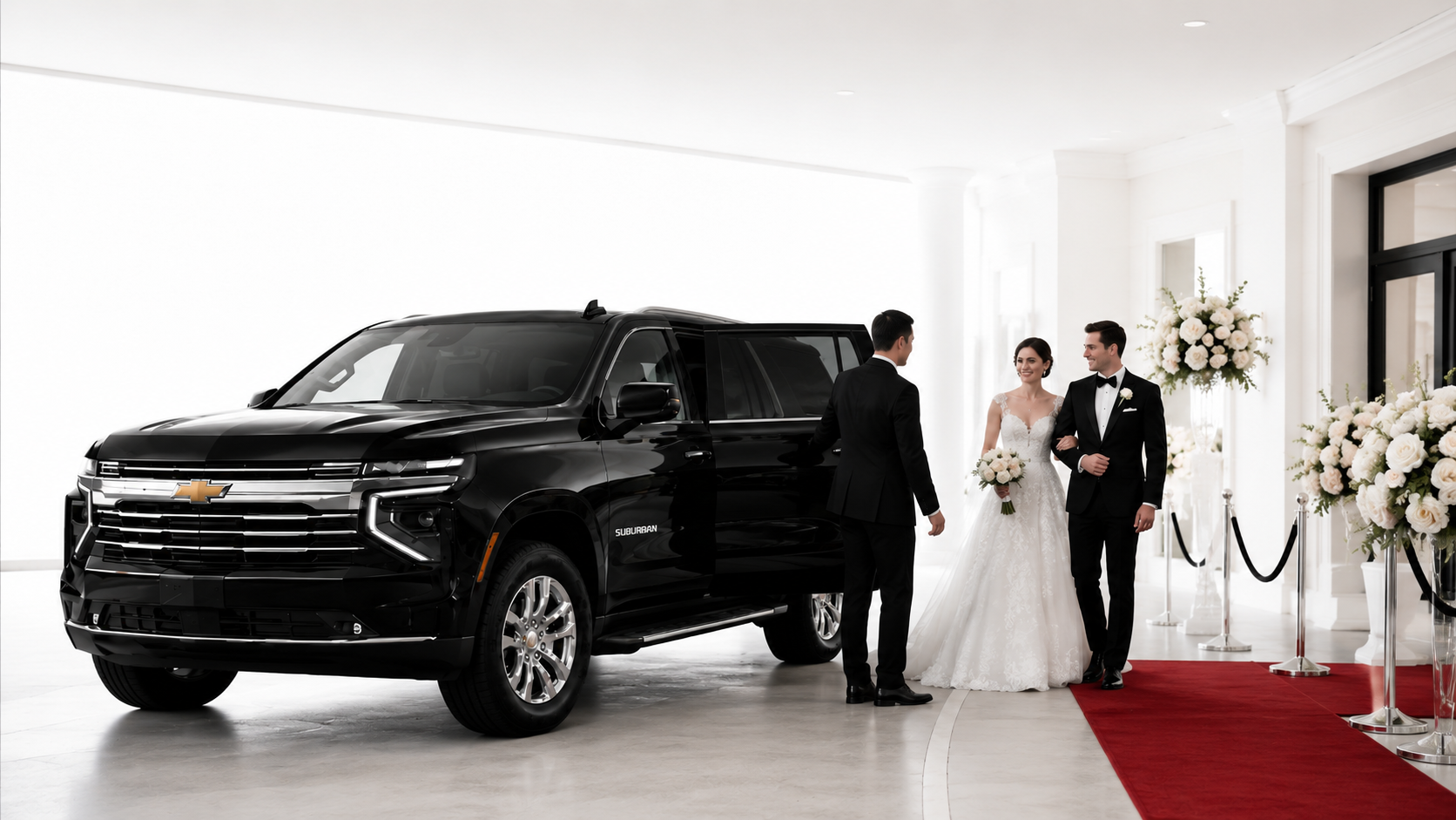 Black Chevrolet Suburban positioned at an airport arrivals area