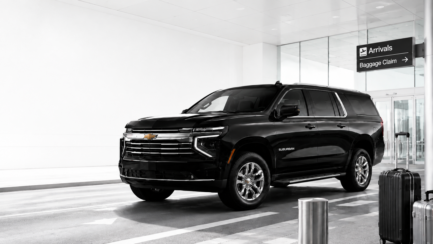 Black Chevrolet Suburban with chauffeur and wedding couple on a formal event entrance