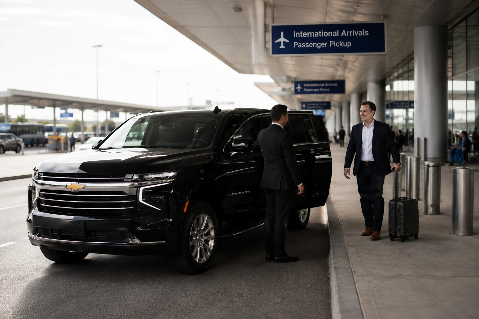 Black Chevrolet Suburban with chauffeur and wedding couple at an event venue