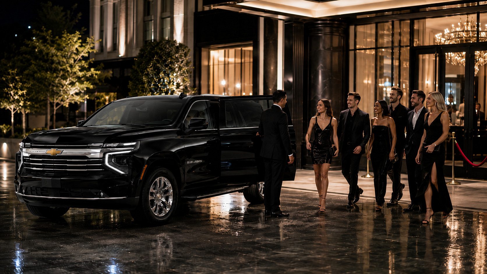 Black Chevrolet Suburban with chauffeur assisting guests at a private event venue