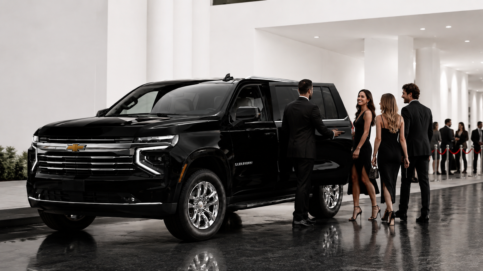 Black Chevrolet Suburban with chauffeur welcoming a group for an evening event